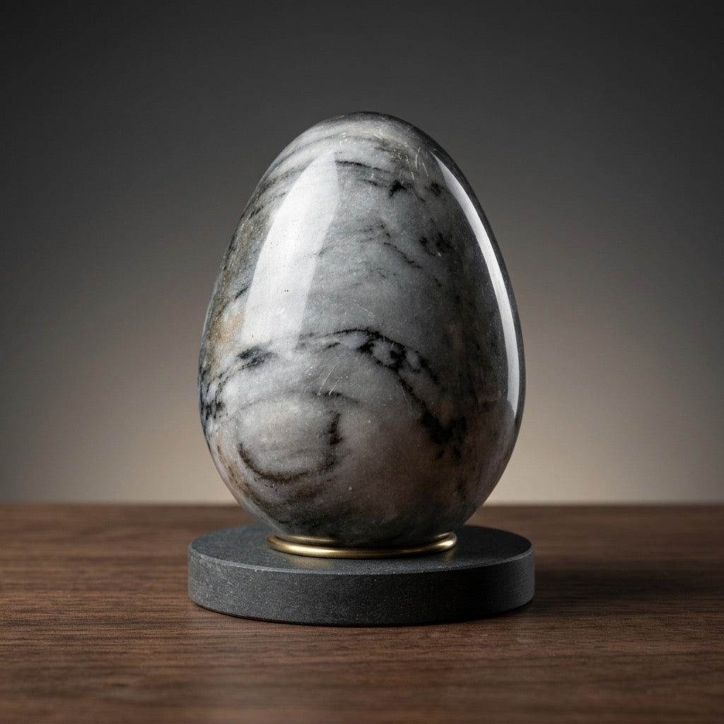 Gray & Black Veined Marble Stone Egg — Bold Veining, Polished, — detail view