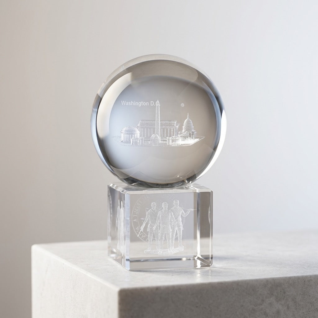 3D Laser Etched Crystal Globe Paperweight — Washington D.C. Monuments — main view