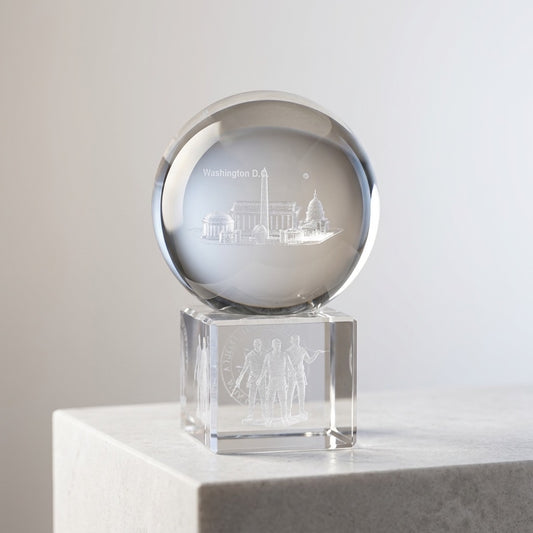 3D Laser Etched Crystal Globe Paperweight — Washington D.C. Monuments — main view