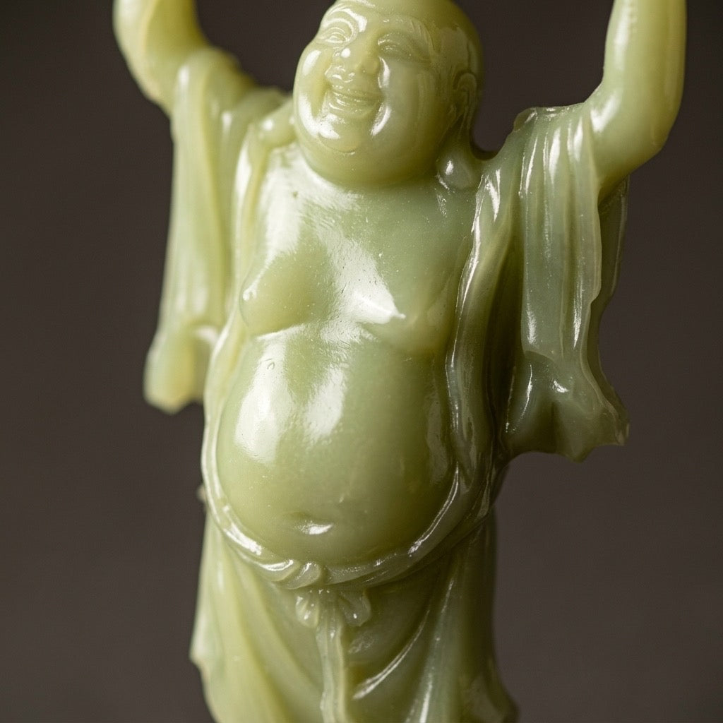 Vintage Jade-Style Laughing Buddha Resin Statue — Feng Shui Good Fortune — detail view
