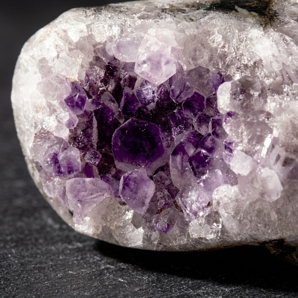 Amethyst Cathedral Geode — Freestanding, Deep Violet Crystal Interior, Polished Base — detail view