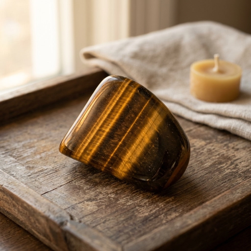 Tiger’s Eye Polished Freeform — Golden & Dark Brown Chatoyant Bands — detail view