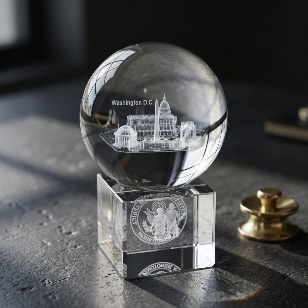 3D Laser Etched Crystal Globe Paperweight — Washington D.C. Monuments — detail view