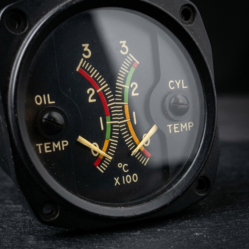 Weston Dual Oil & Cylinder Head Temperature Gauge — Vintage Aircraft Instrument — detail view