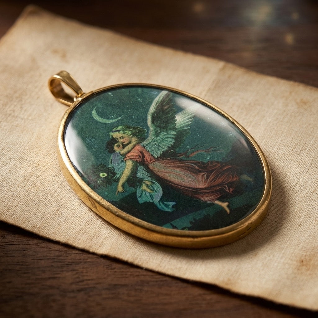 Vintage Guardian Angel Oval Glass Sun Catcher — Gold-Tone Frame, Window Hanging — detail view