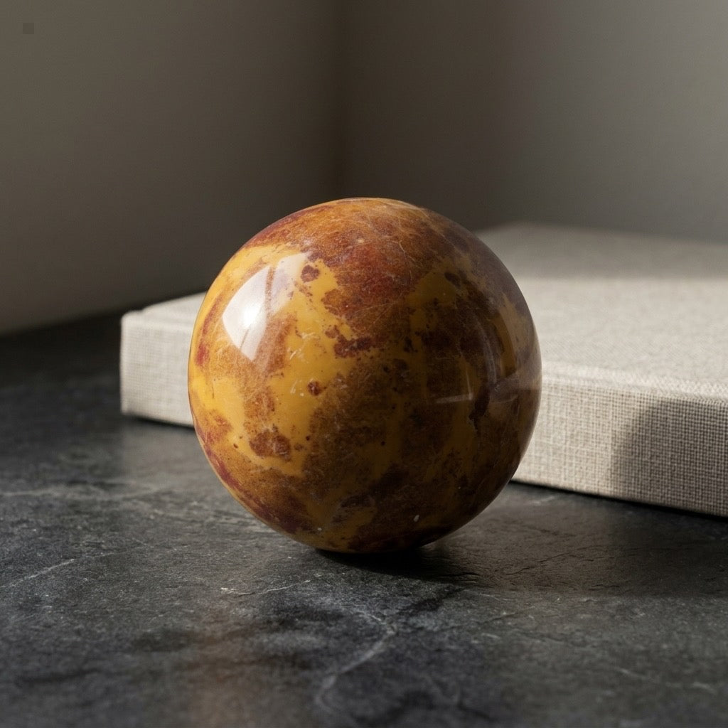 Polished Jasper Sphere — Warm Golden Yellow & Brown, 649g (1.43 lb) — detail view