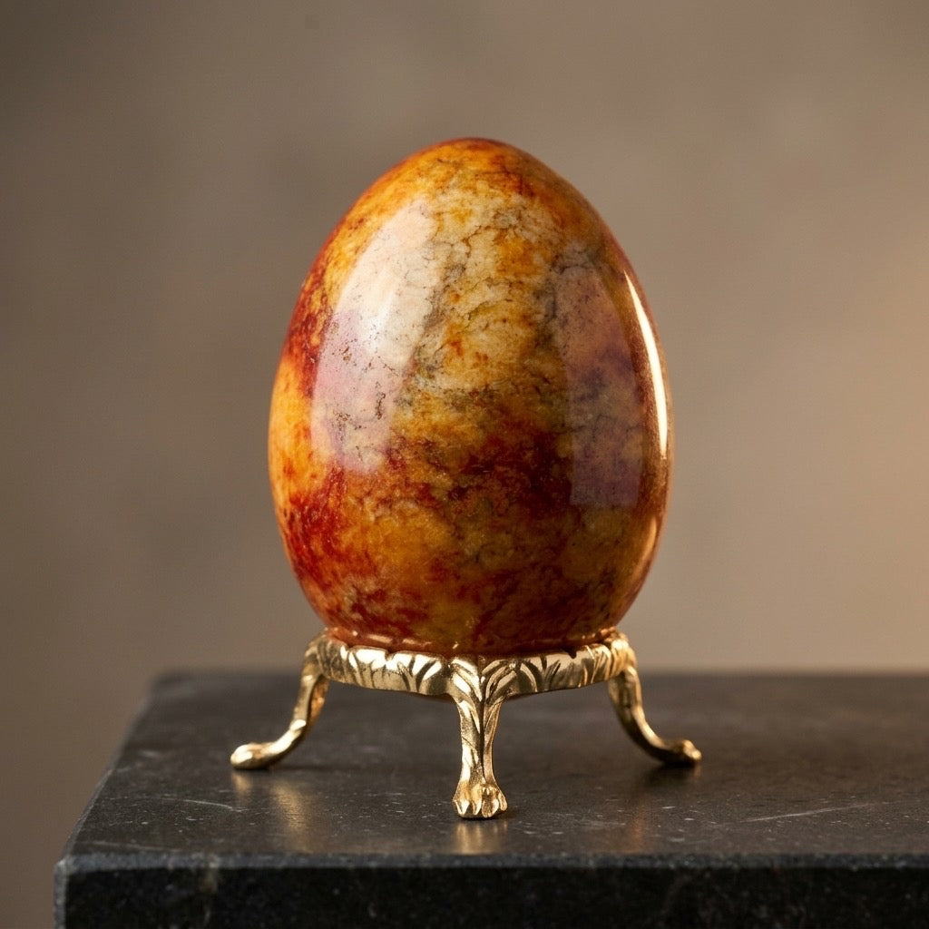 Red & Amber Marble Stone Egg — Warm Mottled Tones, Polished, 148g — detail view