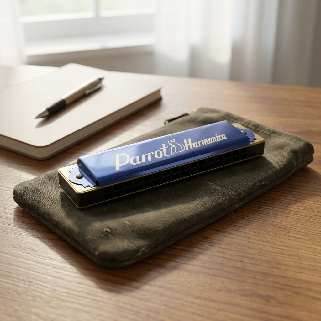 Parrot Vintage 32-Hole Harmonica — Blue with Gold Accents, Tremolo Style — detail view