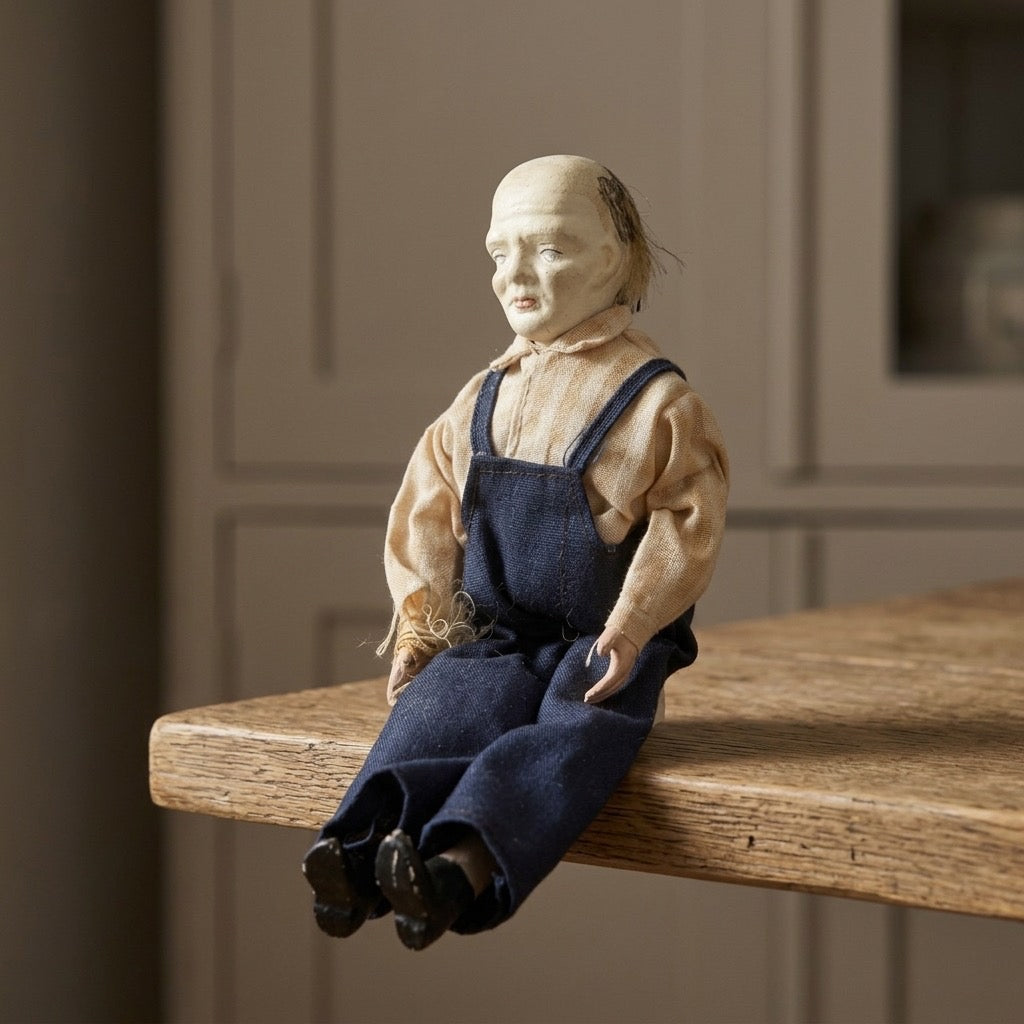 Vintage Composition Old Man Doll — Overalls, Folk Character Figure — main view