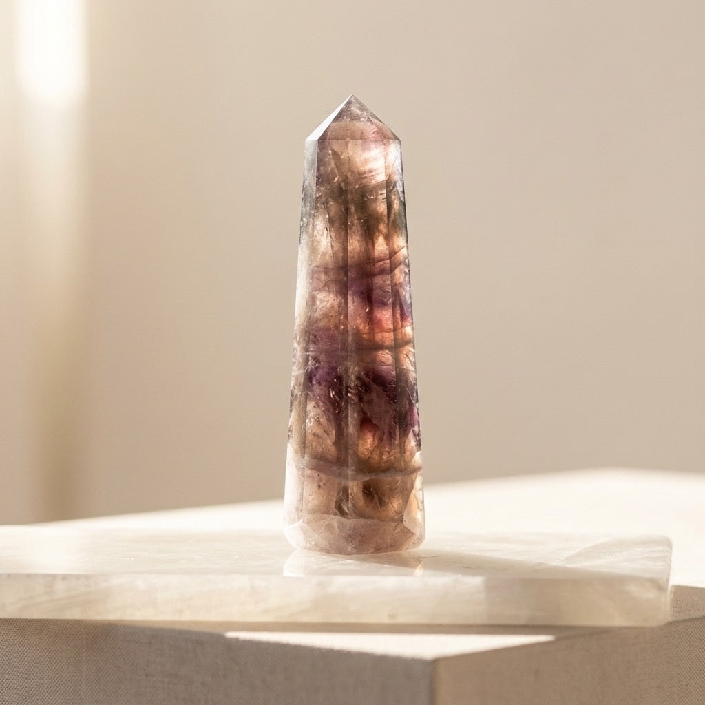 Purple Fluorite Tower Point — Polished Lapidary, Color-Zoned Violet, Natural Mineral — detail view