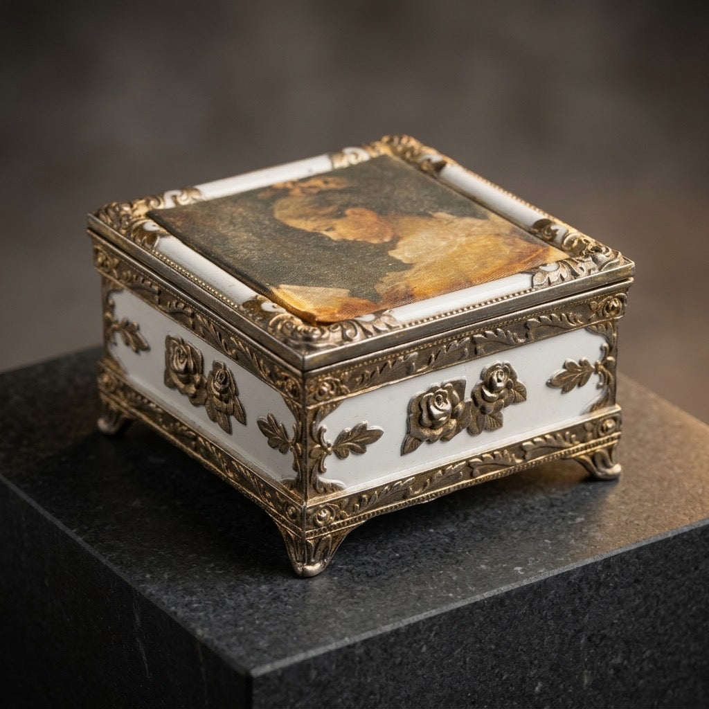 Vintage Hinged Trinket Box — “Girl Reading” Fabric Lid — Gold-Tone Trim — main view