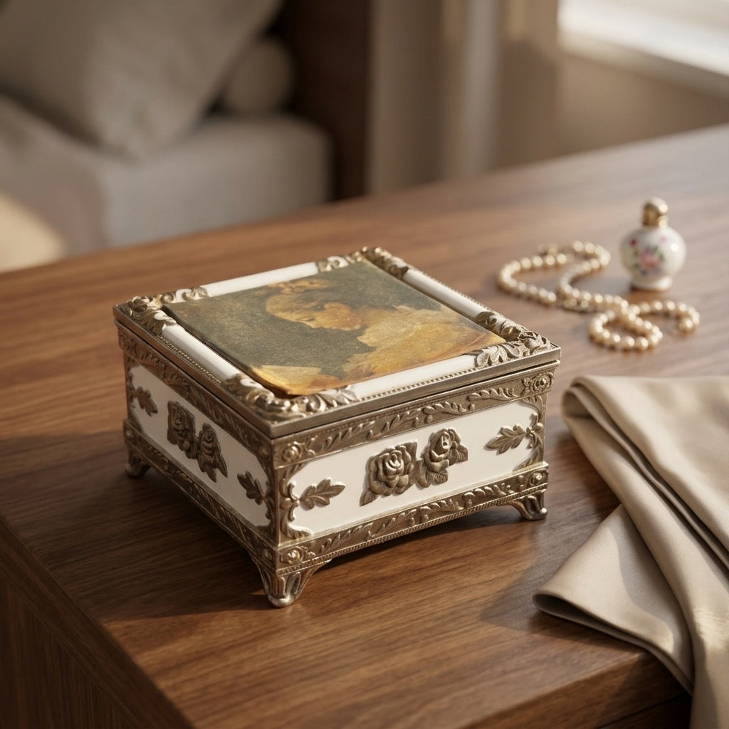 Vintage Hinged Trinket Box — “Girl Reading” Fabric Lid — Gold-Tone Trim — detail view