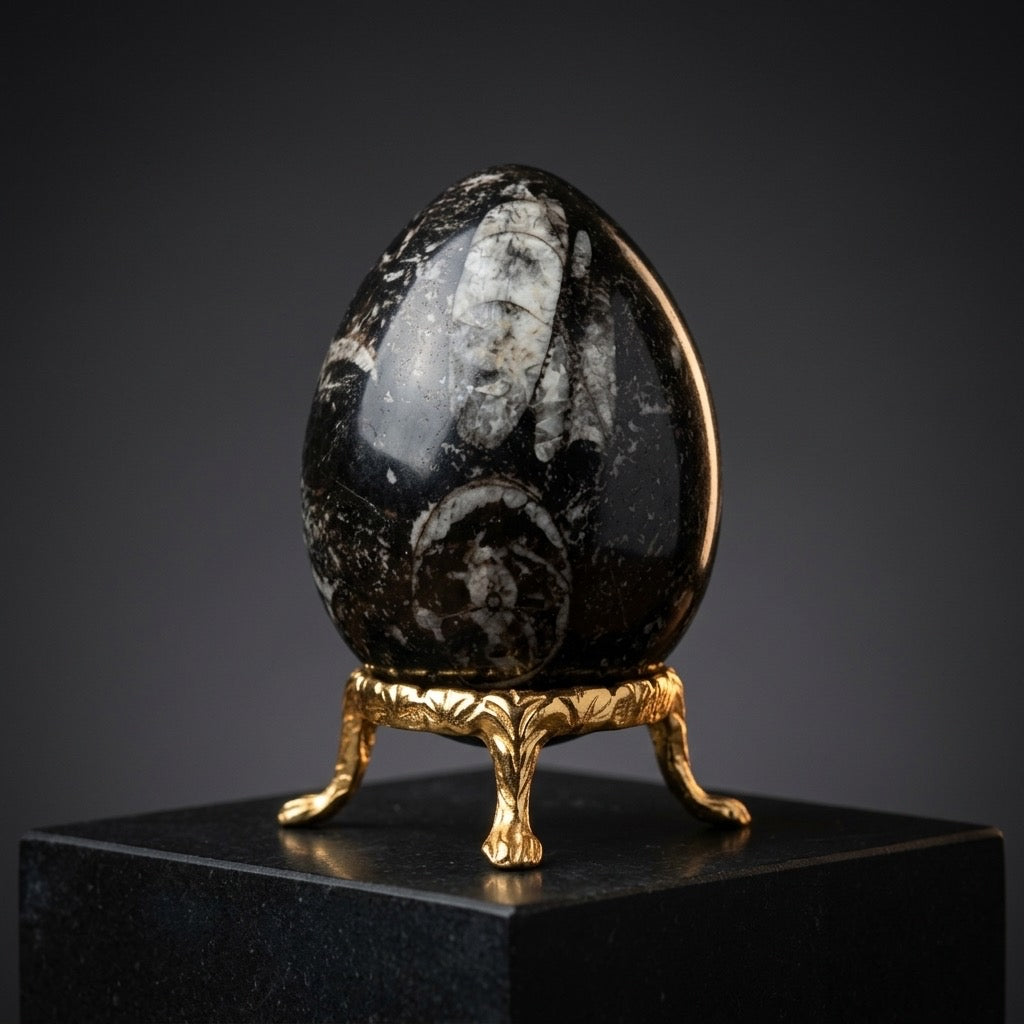 Orthoceras Fossil Egg — Paleozoic Cephalopod in Dark Limestone, Polished, 182g — main view