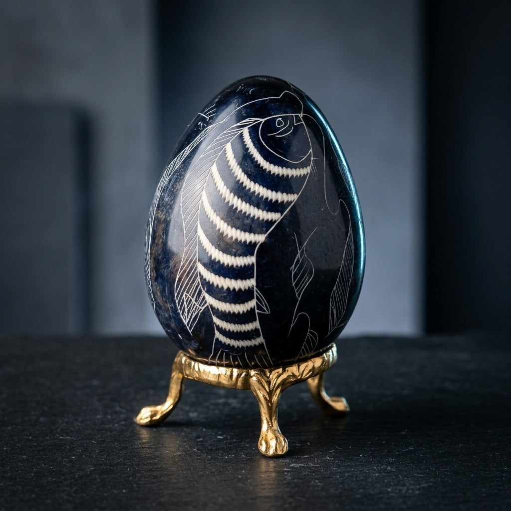 Black Stone Egg with Engraved Fish — Incised White-Fill Carving, 201g — detail view