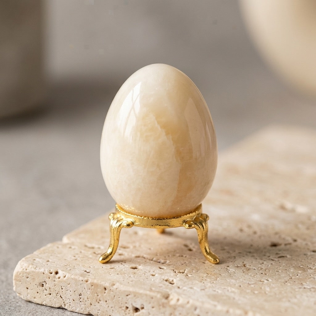 Cream & Blush Marble Stone Egg — Warm Pale Tone, Subtle Veining, 157g — detail view