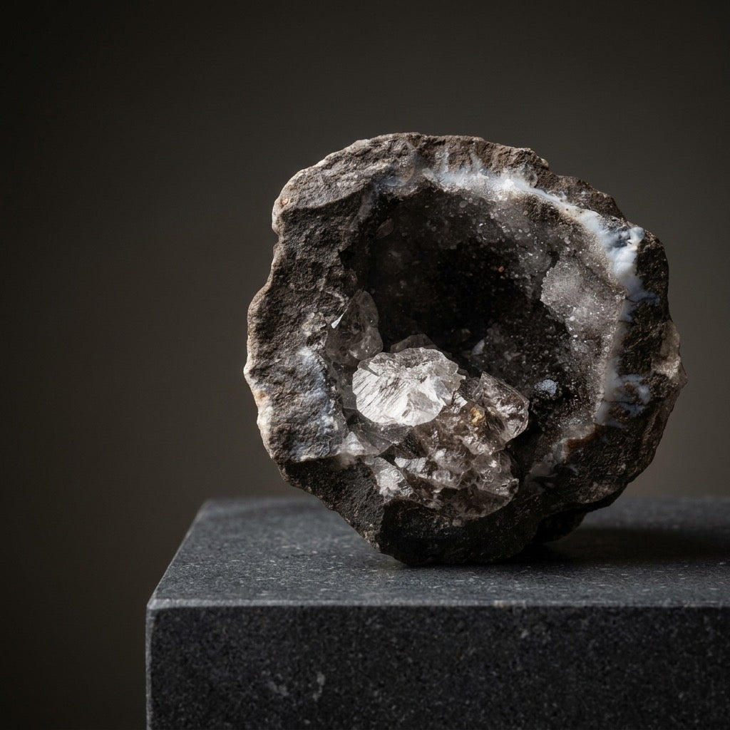 Void & Light — Black Chalcedony Geode with Quartz Crystal Core — detail view
