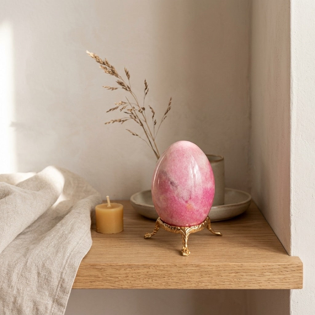 Rhodonite Stone Egg — Pink & Black Manganese Silicate, Polished, 167g — detail view