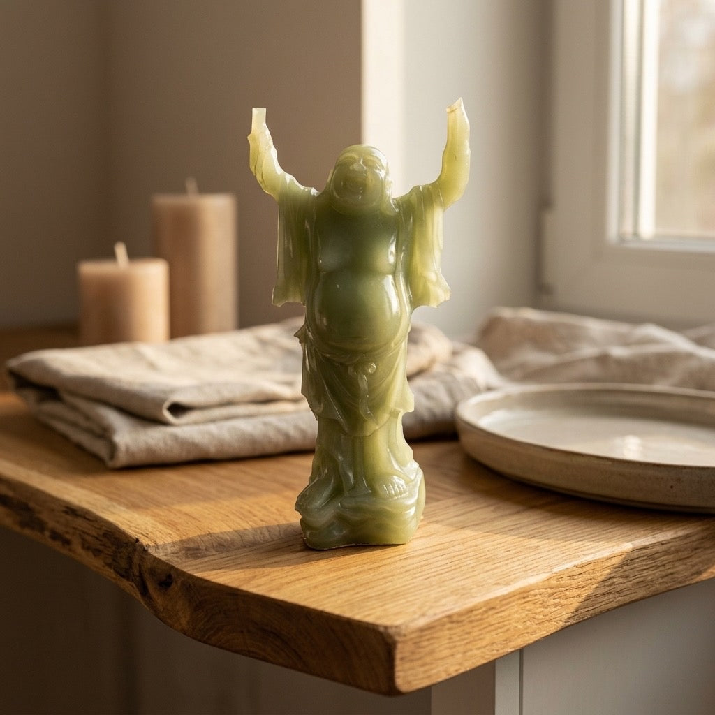 Vintage Jade-Style Laughing Buddha Resin Statue — Feng Shui Good Fortune — detail view