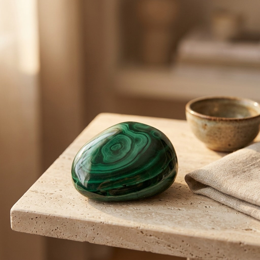 Malachite Specimen — Banded Green Copper Mineral, Swirling Pattern, 58g — detail view