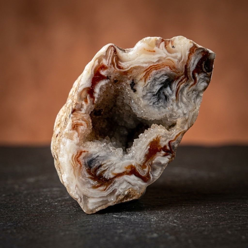 Polished Agate Geode — Wild Swirling Banding, Druzy Crystal Cavity, Red & Blue-Grey — detail view
