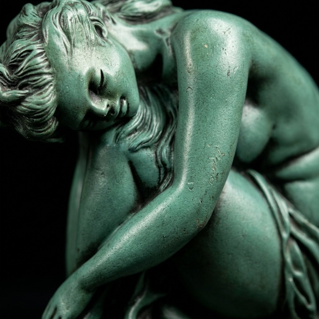 Verdigris Seated Nude Female Statue — detail view