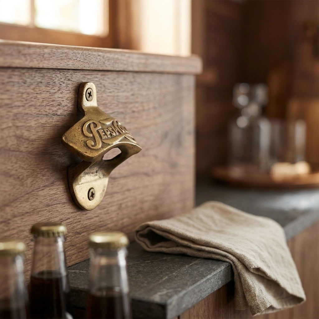 Pepsi-Cola Brass Wall-Mount Bottle Opener — Vintage Advertising Hardware — detail view