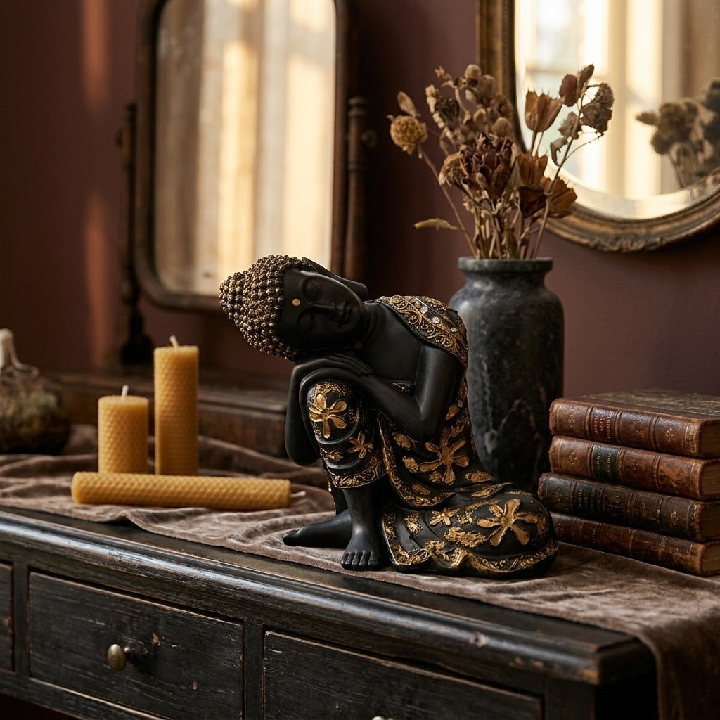 Black & Gold Resting Buddha Statue with Floral Robe Detail — detail view