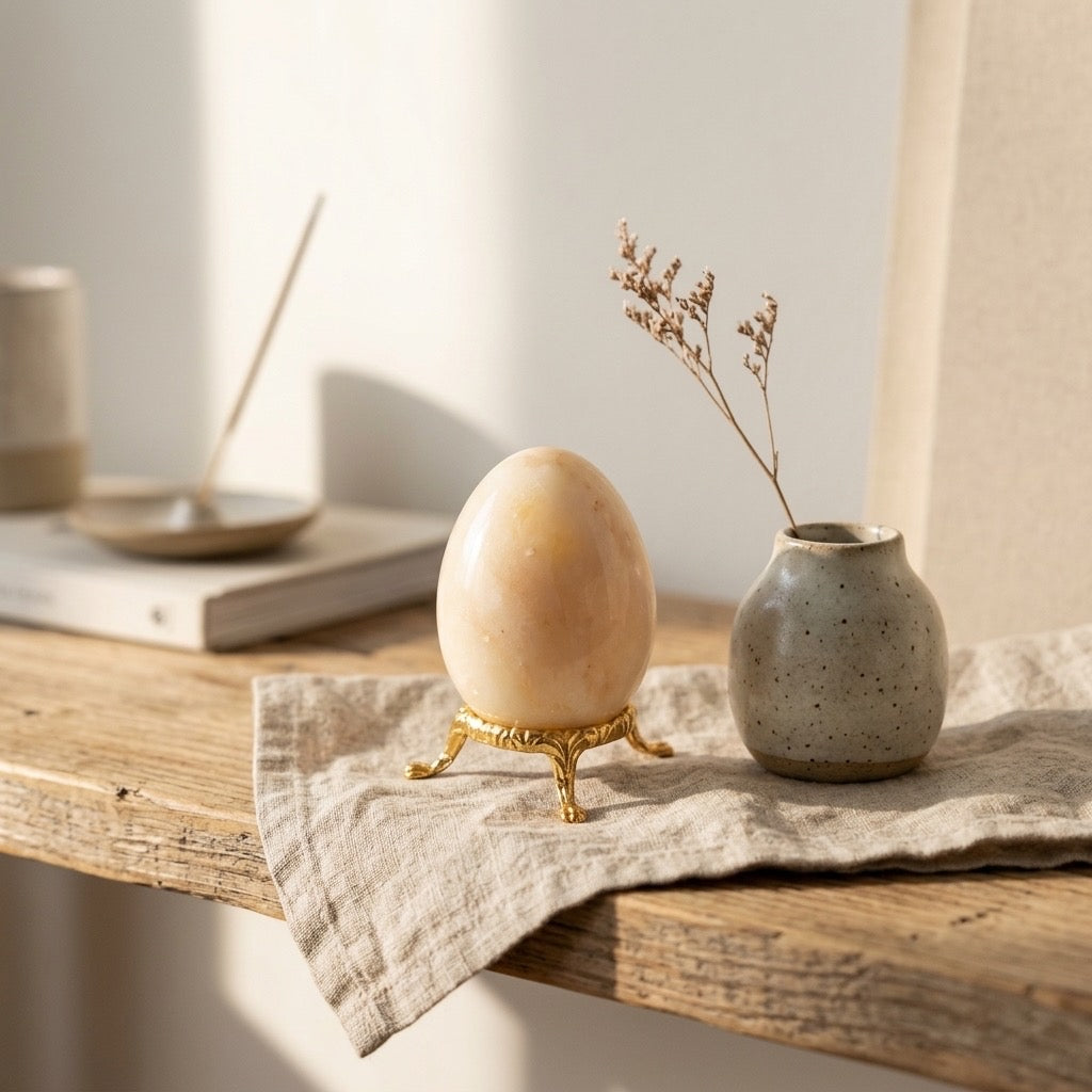 Cream & Blush Marble Stone Egg — Warm Pale Tone, Subtle Veining, 157g — detail view