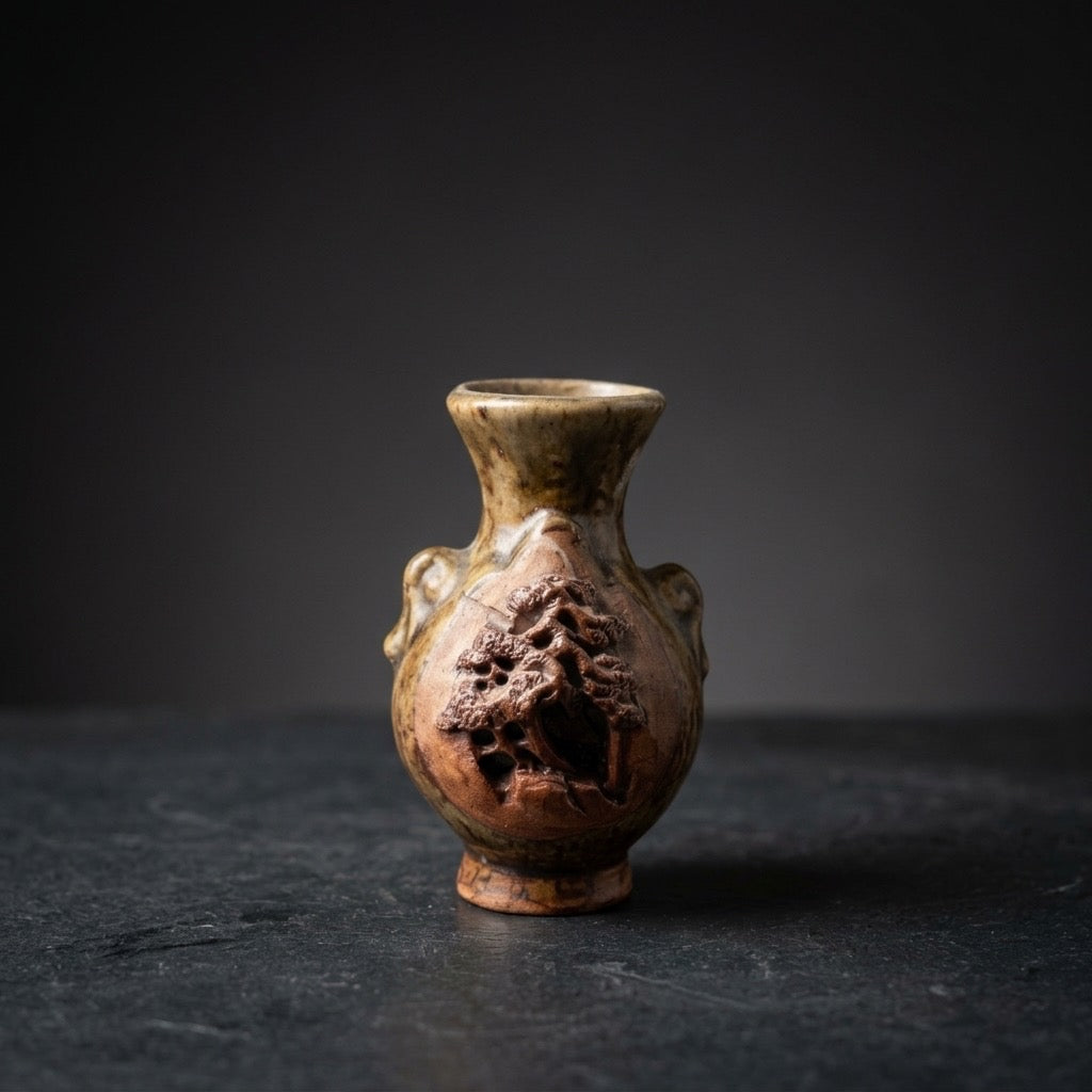 Vintage Japanese Banko Ware Miniature Vase — Hand-Carved 3D Scenic Relief — detail view