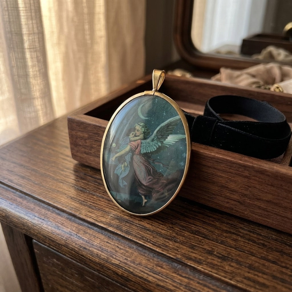 Vintage Guardian Angel Oval Glass Sun Catcher — Gold-Tone Frame, Window Hanging — detail view