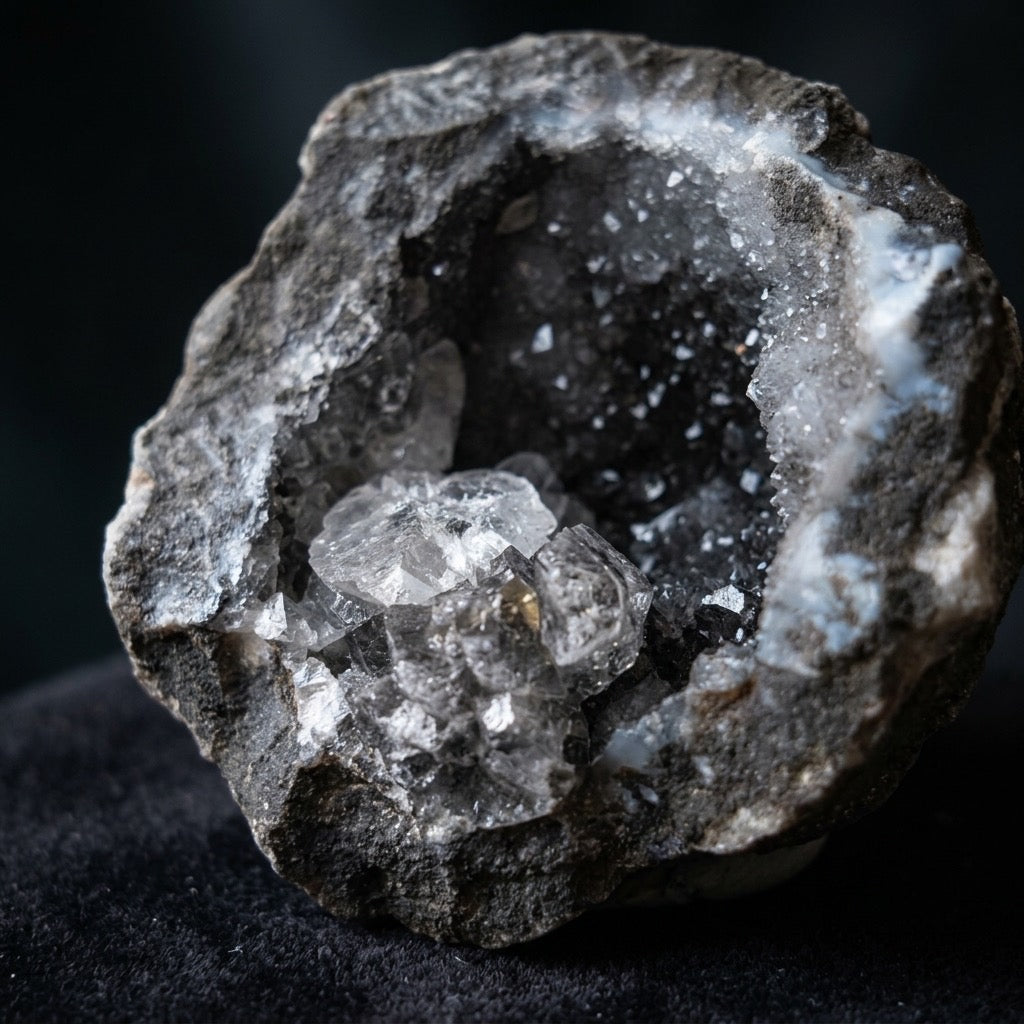 Void & Light — Black Chalcedony Geode with Quartz Crystal Core — main view