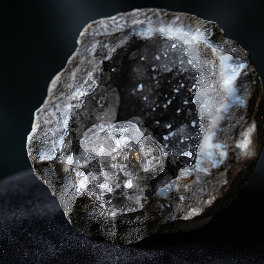 Void & Light — Black Chalcedony Geode with Quartz Crystal Core — main view
