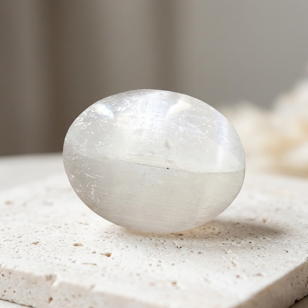 Polished Selenite Sphere — Satin Translucence, Soft Glow, 95g — detail view