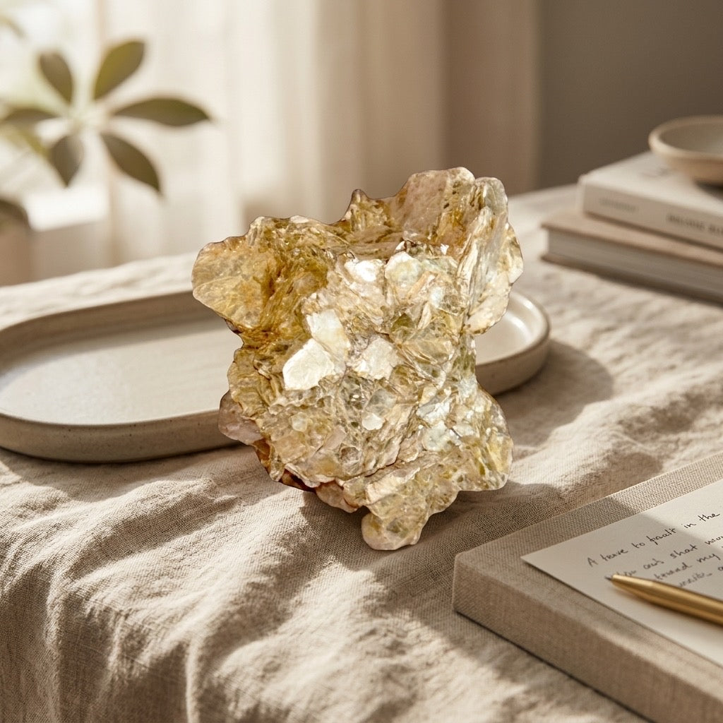Muscovite Mica Specimen — Golden Layered Mica Book, Natural Crystal Form — detail view