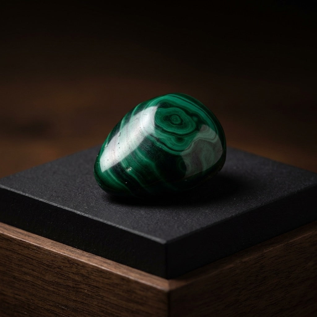 Malachite Specimen — Banded Green Copper Mineral, Swirling Pattern, 58g — detail view