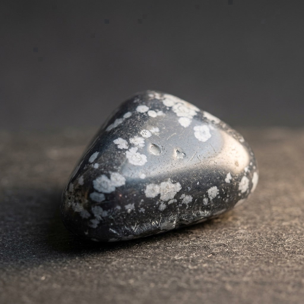 Snowflake Obsidian Specimen — Black Volcanic Glass, Cristobalite Inclusions, 11g — detail view