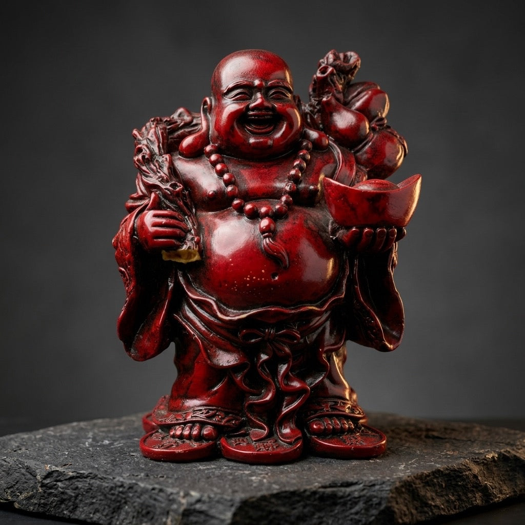 Red Cinnabar-Style Laughing Buddha Statue with Gold Ingot & Sack — main view
