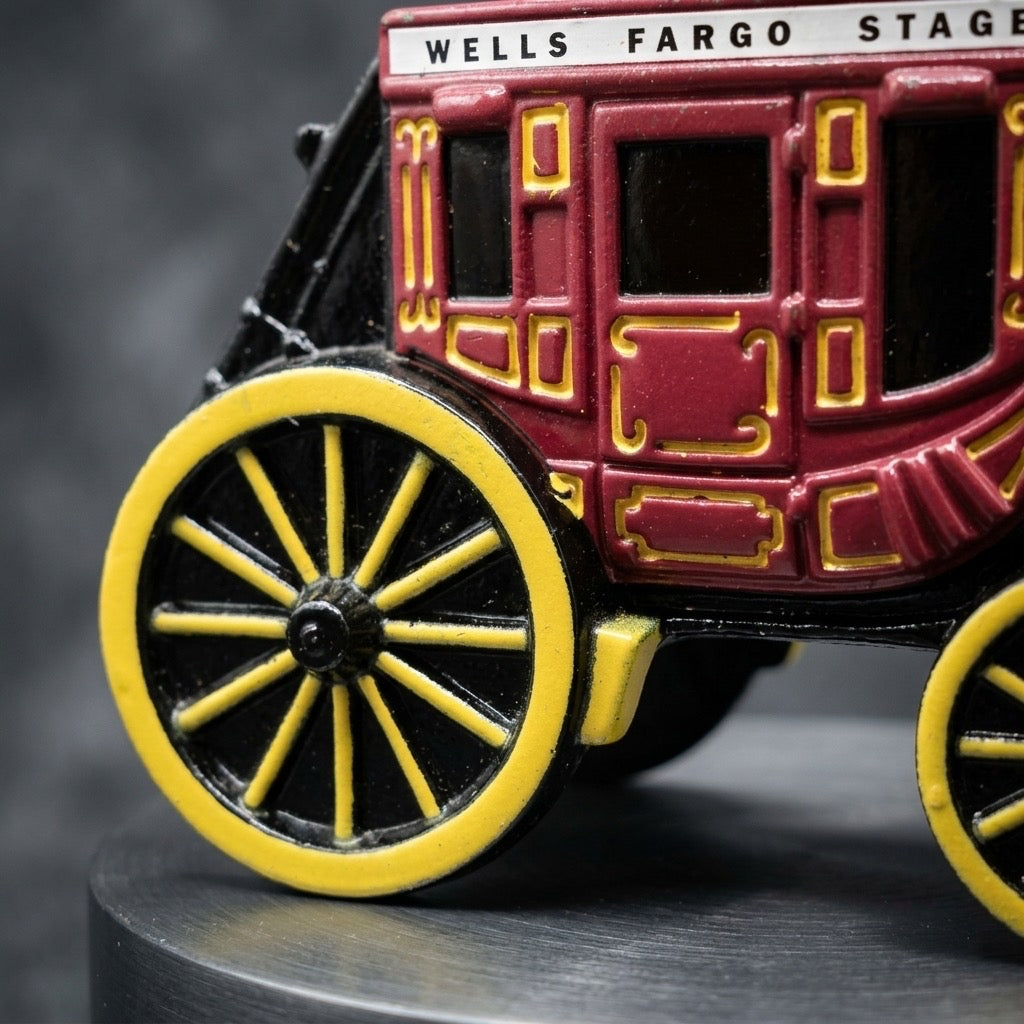 Wells Fargo Stagecoach Cast Iron Coin Bank — Red, Black & Yellow — detail view