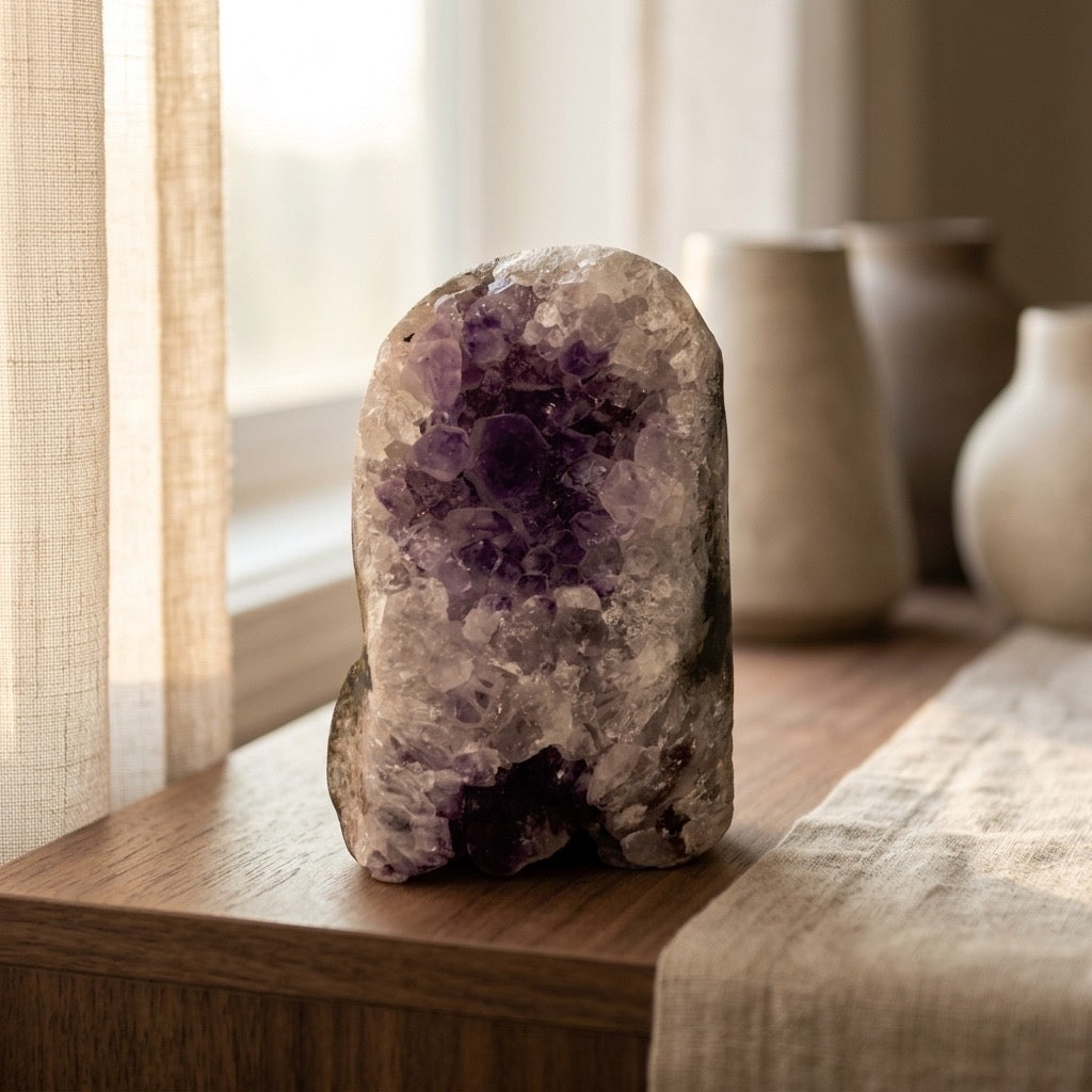Amethyst Cathedral Geode — Freestanding, Deep Violet Crystal Interior, Polished Base — detail view
