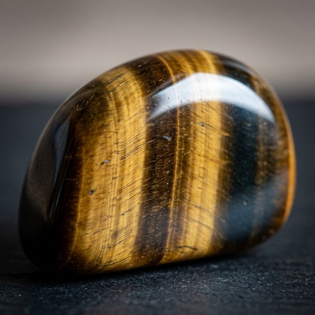 Tiger’s Eye Polished Freeform — Golden & Dark Brown Chatoyant Bands — detail view
