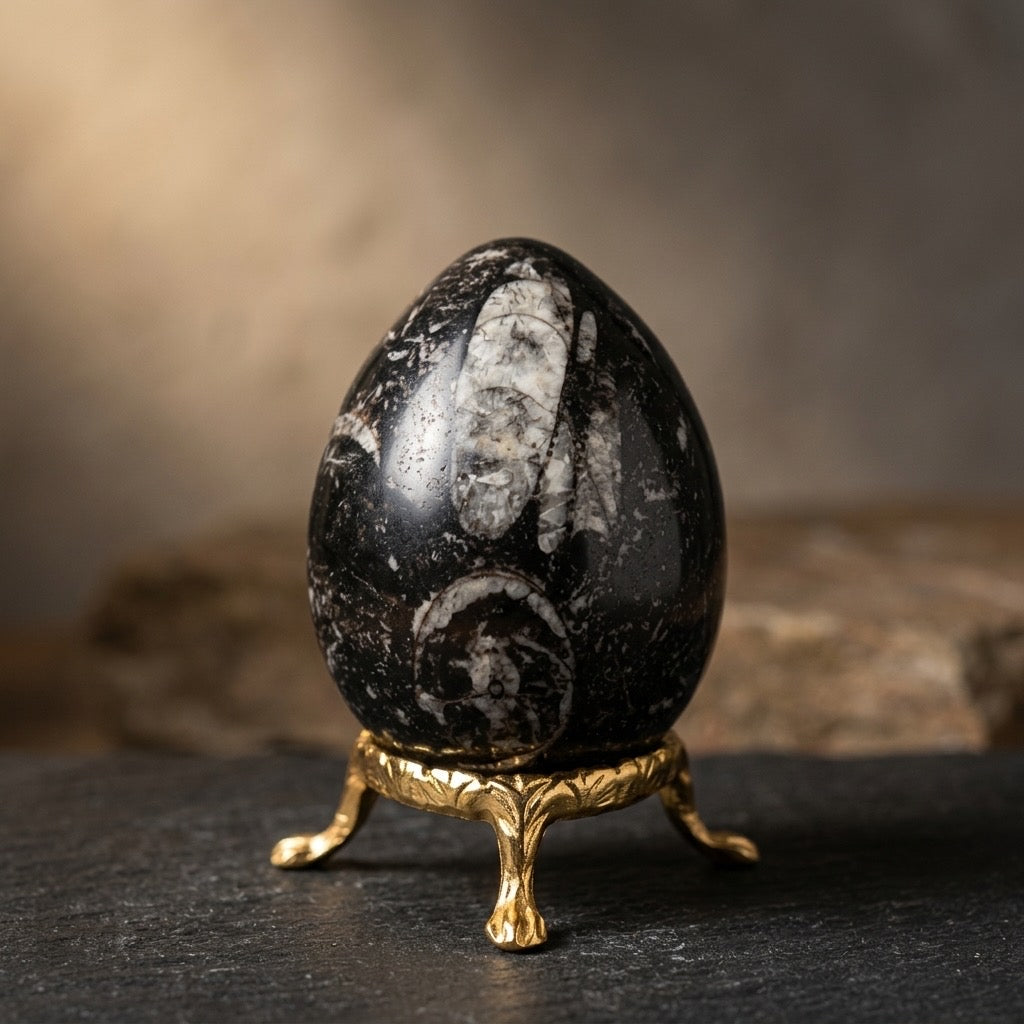 Orthoceras Fossil Egg — Paleozoic Cephalopod in Dark Limestone, Polished, 182g — detail view