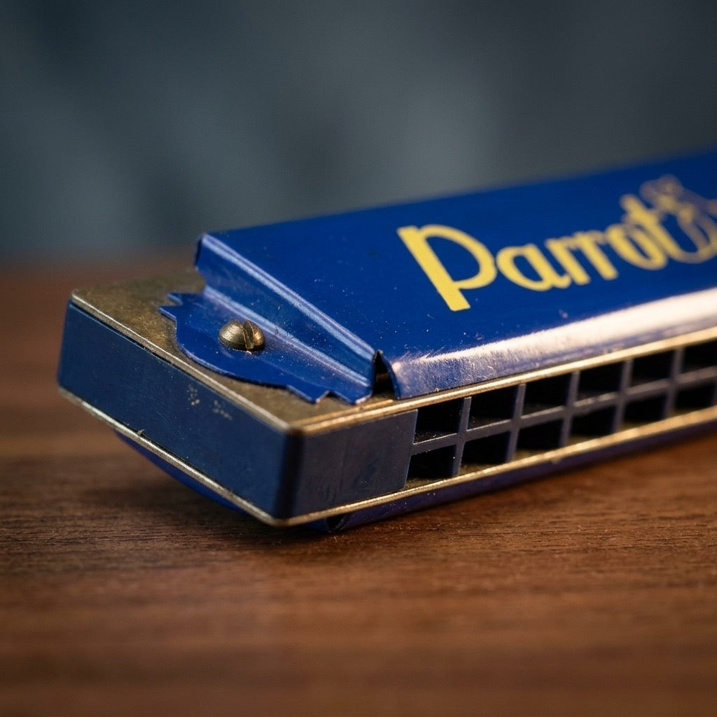 Parrot Vintage 32-Hole Harmonica — Blue with Gold Accents, Tremolo Style — detail view