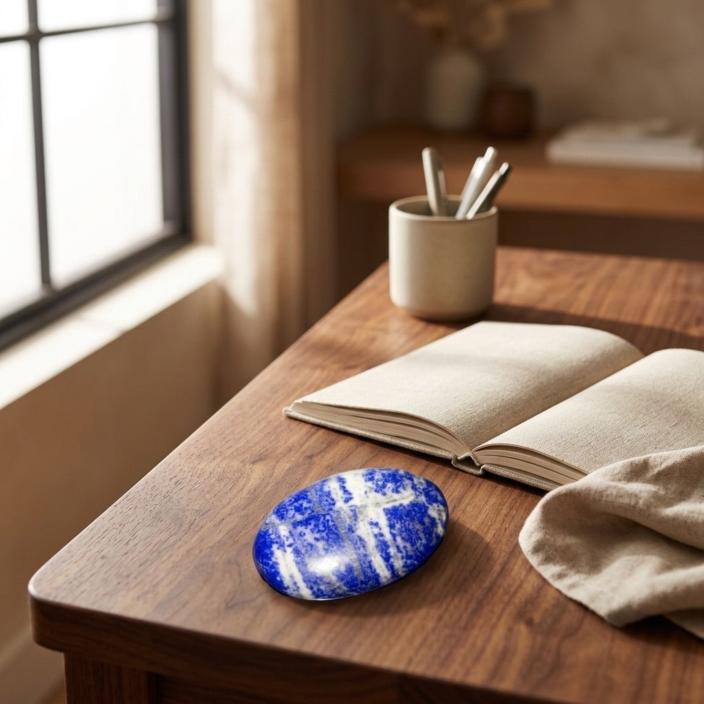 Lapis Lazuli Polished Oval — Deep Ultramarine with Pyrite Flecks, 82g — detail view
