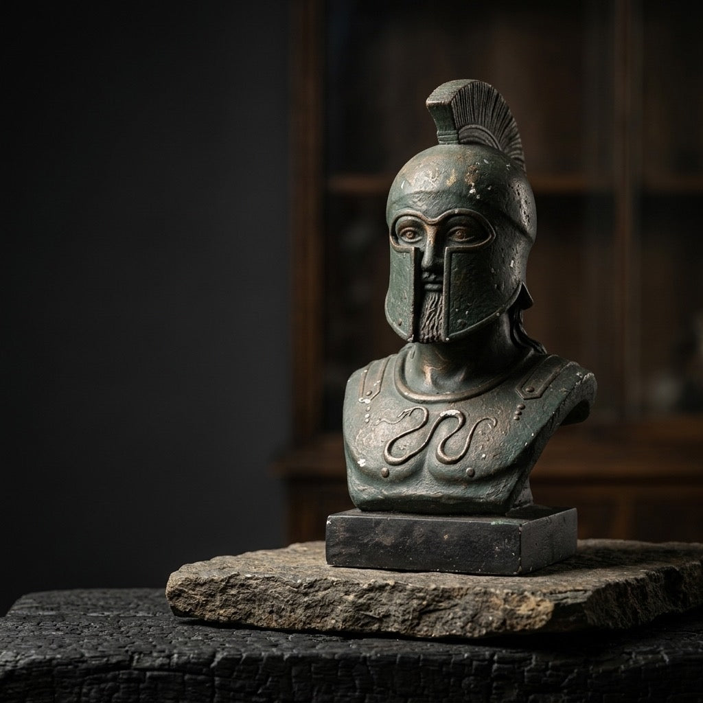 Spartan Warrior Bust — Weathered Greek-Style Statue — detail view