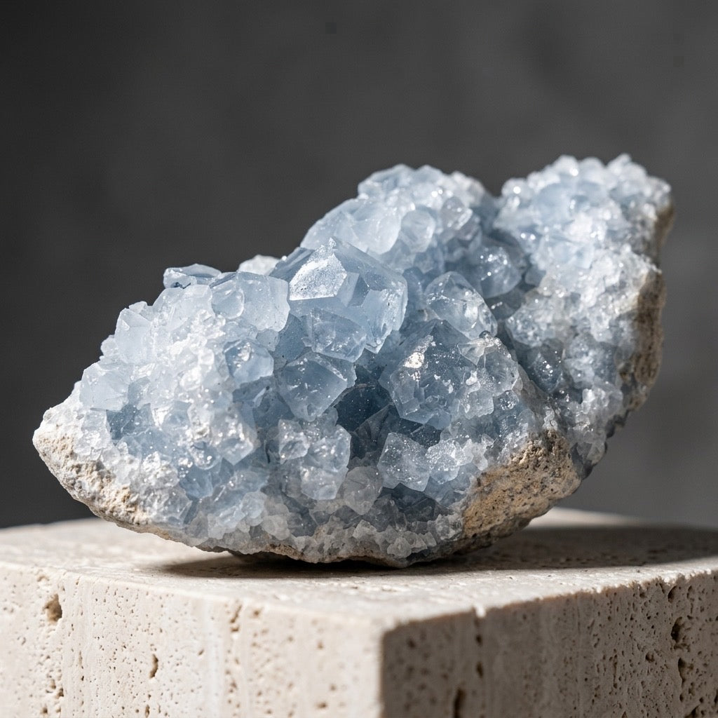 Blue Celestite Crystal Cluster — Pale Sky Blue, Natural Formation, 389g — main view