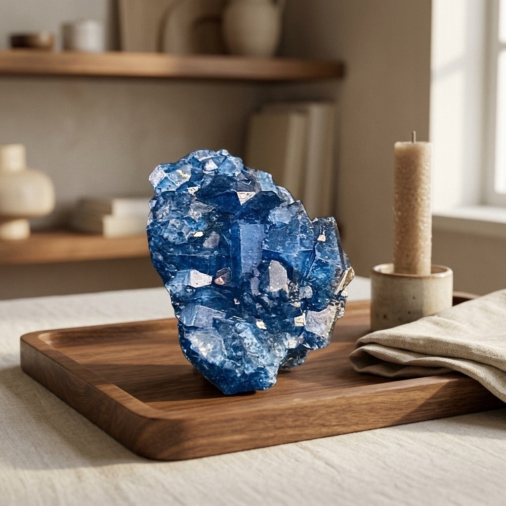 Blue Fluorite Crystal Cluster — “Blueberry” Indigo, Cubic Habit, 44g — detail view
