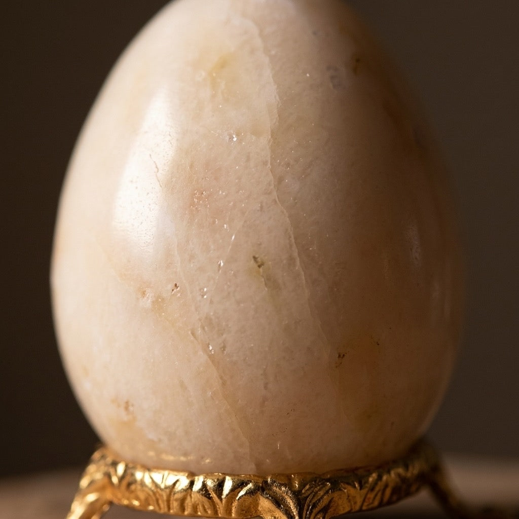Cream & Blush Marble Stone Egg — Warm Pale Tone, Subtle Veining, 157g — detail view