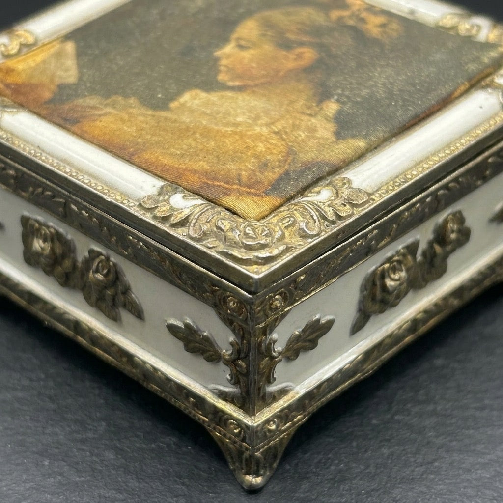 Vintage Hinged Trinket Box — “Girl Reading” Fabric Lid — Gold-Tone Trim — detail view