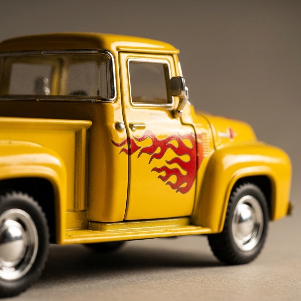 Jada Toys 1956 Ford F-100 Pickup Diecast — Yellow with Flame Detail, Wood-Look Bed — main view