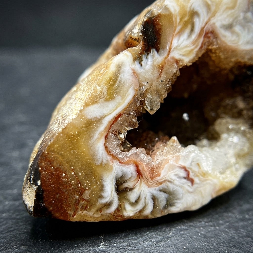 Agate Geode — Banded Chalcedony & Quartz Crystal Interior — detail view
